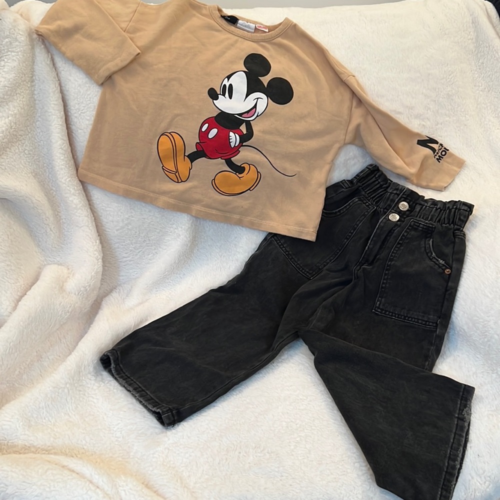 Zara mucky mouse pullover and black wide leg paper waist denim pants.